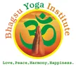 Bhagsu Yoga Institute logo: an orange and yellow sun with a green Om symbol and folded hands, with the words Love, Peace, Harmony, Happiness